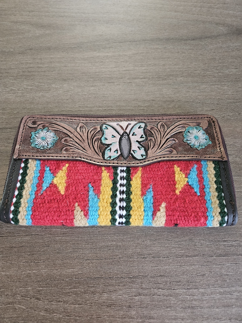 Western Butterfly Embossed Leather & Southwestern Textile Wallet- Red Multi-NWOT